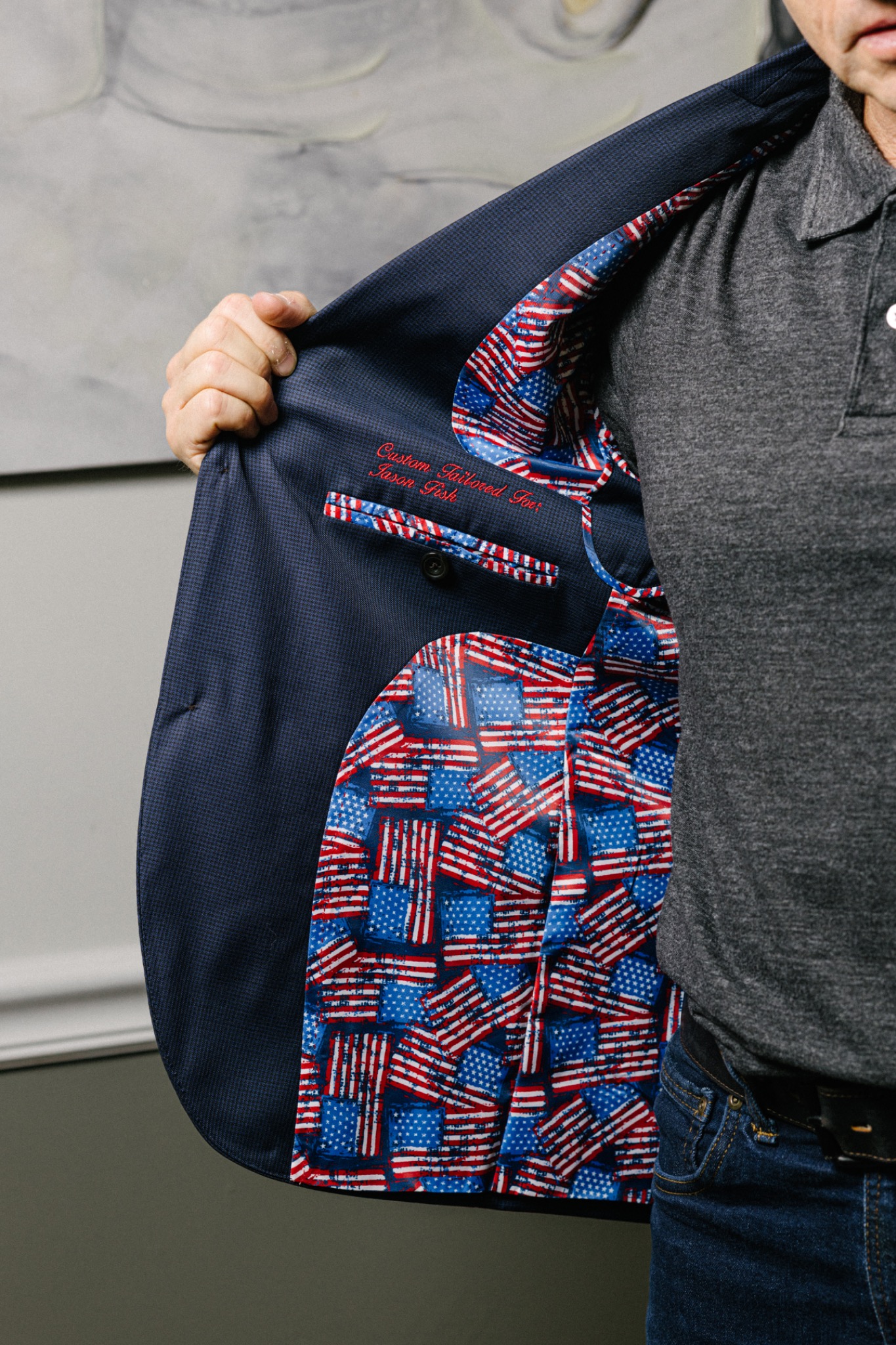 Monogram and interior details inside a custom jacket